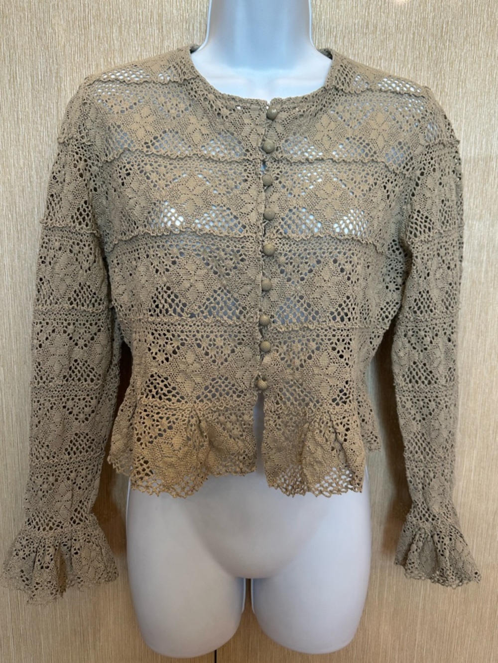 Vintage Style Crochet Lace Cardigan Blouse Boho Top Beige Taupe